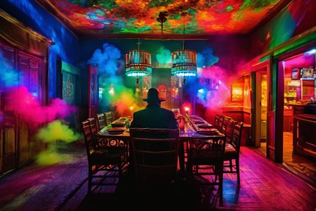 Psychedelic style An award-winning photograph that captures the intrigue of a secretive and enchanting conspiracy, enveloped in a cinematic and mysterious aura, smoke, God rays, depth of field,dark night, in a room, gloomy, disturbing, indescribable terror, (heavy fog:1.1), hidden truths, enigmatic whispers,  intrigue beneath the surface, (Intriguing Narrative:1.3), (Enigmatic Conspiracy:1.2), (Cinematic Allure:1.4), (Mysterious Atmosphere:1.2), photography inspired by Gregory Crewdson and David Lynch,  Masterpiece, best quality, perfect eyes, detailed eyes, (style of fist of the north star:1.1), ramen shop, (masterpiece,best quality:1.5) . Vibrant colors, swirling patterns, abstract forms, surreal, trippy