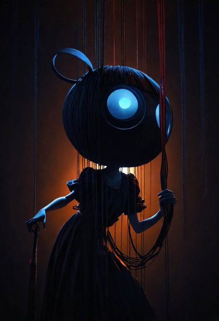 Generate an illustration of an anime puppeteer manipulating shadows and strings, symbolizing the art of puppeteer moves in dark psychology. The figure should have a mysterious aura., poster, typography, vibrant, cinematic, photo, 3d render