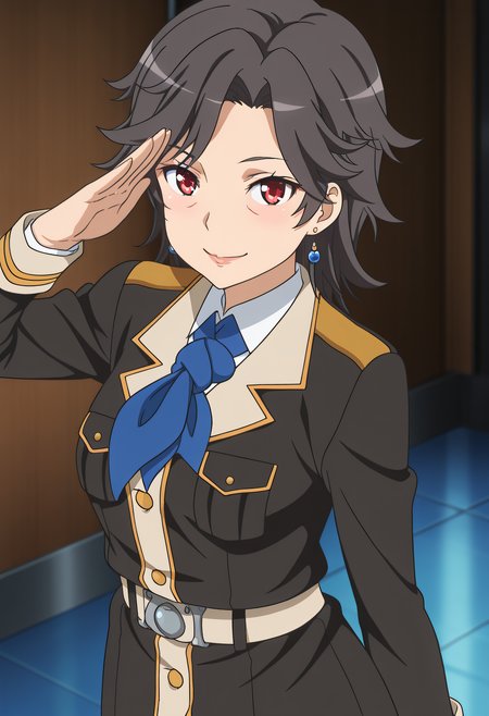 masterpiece,best quality,amazing quality,very aesthetic, absurdres

1girl, solo, Mayuki Munetani, red eyes, military, uniform, lips, jewelry, belt, pantyhose, high heels, anime coloring, (eye wrinkles),

Upper body, smile, looking at viewer, 

Salute,

anime coloring,
