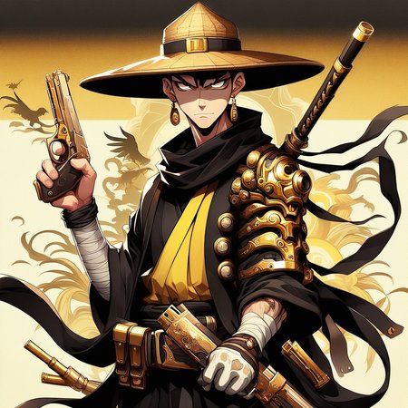 GunMonk, a man wearing a straw hat, black and gold gun,