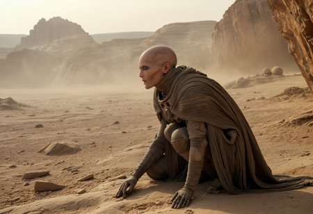 epic, cinematic shot, movie still from Dune movie showing priest (from side), ((sitting on the rocky cliff)) wearing (torn long rag coat and hood:1.2) looking at (distant ancient artifact:1.2) emitting plasma energy rays to the sky and (sucking desert inside creating vortex, sand storm, sink hole:1.3), (warping time and space:1.2), (futuristic technology:1.2), rubble, stone, (shiny metal statues, metal wires, ancient artifacts:1.5), (glass wood and metal elements covered in dust and dirt:1.3),  sand, very detailed, wide angle, absurd art,  (cyborg, robot, electronics, plasma:1.3), 
<lora:add-detail-xl:0.9>,
<lora:b3ks1n:0.55> b3ks1n,
<lora:JuggerCineXL2:0.8> Film Still, Cinematic, Cinematic Lighting,
<lora:Dune_Movie_Loha2:0.4> Dune, directed by Denis Villeneuve, cinematic, movie, futuristic, sci-fi,
<lora:xl-shanbailing-1003fire:0.5> fire element,