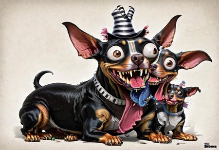 photorealistic high details, siamese twins fleshmutant skinny fuzzy baby mooron mad random color smiling lady dobermann full tail and full ginormous ears, shortest legs, high with meth, striped black and white, dog abomination with huge eyes , wearing an italian fancy hat,art by pixar , biotech inserts, fighting a big rabbit hidden in a hole in the big yellow wall, all inside an italian gim <lora:Fleshmutant_R2-000003:1>