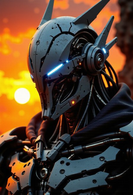in the style of ckfa, in the style of ck-mgs, a high-end battle android with white faceplate, glowing blue optical sensors, chrome wires and glowing lights and circuitry, in the style of Sauron from Lord of the Rings, robot joints and cables, sunset, silhouetted, chiascuro, dark sci-fi background