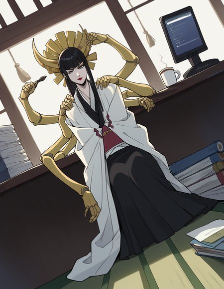 score_9, score_8_up, score_7_up, source_anime, <lora:senjumaru-shutara-anime-ponyxl-lora-nochekaiser:1>, senjumaru shutara, long hair, bangs, blunt bangs, black hair, sidelocks, black eyes, makeup, lipstick, red lipstick,, japanese clothes, kimono, mechanical arms, extra arms,, home office, working from home, computer screen, coffee cup, focus, deadline, , looking at viewer, foot on ground, hand on shoulder, elbow out, solo,, cowboy shot, dutch angle