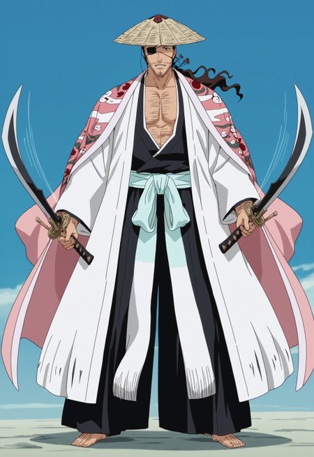 safe_pos, safe_pos, score_9, score_8_up, rating_nsfw, ultra hd, absurdres, best quality, ultra quality, masterpiece, masculine, solo, 1boy, male focus, best anatomy, best eyes, best hands, sexiest man alive, erotic, gay porn, hand with five fingers, mature male, anime screencap

BleachKyoraku, ponytail, facial hair, brown hair, haori, japanese clothes, straw hat, eyepatch, full body, nipples, happy trail, pubic hair, dual wielding, curved swords, wind blowing, wind motion, wind lines, battle scene, Expressiveh