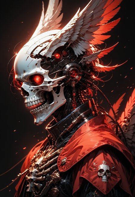 (score_9, score_8_up), score_7_up, solo, simple background, red eyes, upper body, wings, teeth, armor, from side, no humans, profile, glowing, feathers, robot, black background, head wings, glowing eyes, feathered wings, light particles, 1other, science fiction, skull, cable, glowing eye, cyborg, mechanical parts, spine,
<lora:BioPunky:0.5>, black theme, dskxadms, comic art, dof, depth of field, blurry background, detailed line work, low key, cinematic Lighting, detailed background, red theme,<lora:sdxl_lightning_8step_lora:1><lora:Art_Adams_Style_Pony_XL:0.4><lora:Dark_Anime:0.2><lora:glowneon_xl_v1:0.5> <lora:unholy:0.2>  <lora:CINE:0.3>