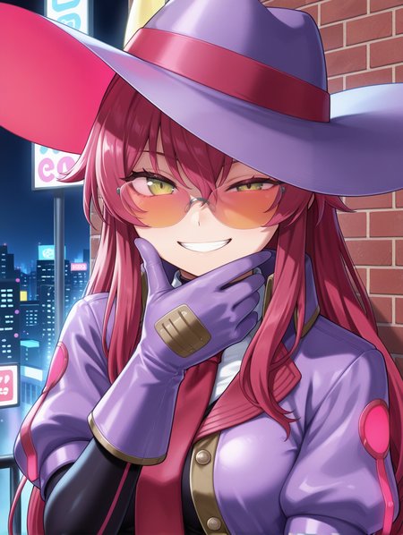evil twin ki-sikil,1girl,solo,smile,looking at viewer,upper body,grin,hand up,red necktie,hand on own chin,purple large hat,purple gloves,purple cropped jacket,orange-tinted eyewear,black bodystocking,phantom thief,brick wall,searchlight,half-closed eye,night, cityscape, 
masterpiece,best quality,amazing quality,very aesthetic,absurdres,newest,<lora:Evil Twin illuXL v1:0.7>,