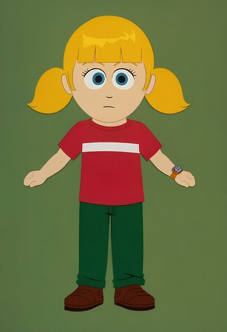 score_7_up, BREAK, penny \(inspector gadget\), 1girl, solo,blonde hair, twintails, blunt bangs, blue eyes, red shirt, green pants, brown shoes, wristwatch, reinforced knee, chibi, SPstyle, source_cartoon, 2D, kid