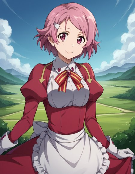 score_9, score_8_up, score_7_up, source_anime,
rikashinozaki, <lora:rika-shinozaki-s1-ponyxl-lora-nochekaiser:1>,
rika shinozaki, short hair, hair ornament, pink hair, hairclip, pink eyes, freckles, parted bangs,
long sleeves, ribbon, neck ribbon, puffy sleeves, juliet sleeves, collar, gemstone, gloves, dress, red dress, frills, apron,
outdoors, landscape, smile,
looking at viewer, cowboy shot, solo, dutch angle,