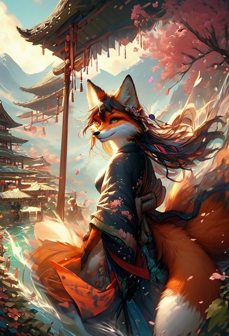 score_9_up,score_8_up,score_7_up,(masterpiece),(best quality),hyper detailed,perfect anatomy,anthro fox girl,foxfolk,dazzling,perfect face,
sexy,seductive,long hair,cleavage,black hair,print_kimono,furisode,orange furr,
wind_lift,dusk,outdoor,in spring,falling petals,cherry blossoms,looking_back,looking_at_viewer,dynamic_angle,