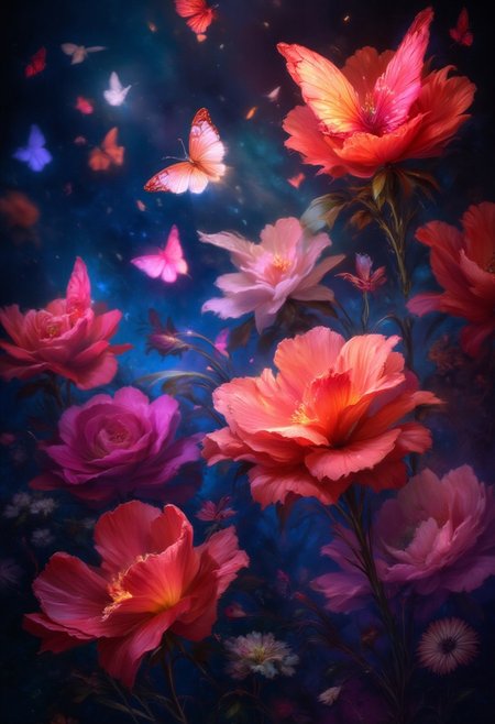 vibrant orange Bleeding Hearts flowers and glowing red butterflies against a pitch-black background Painterly,  surreal, vibrant glow, bokeh, 8k,Pink Roses, purple_flower,pink_flower,white_flower,yellow_flower,grappe_flower