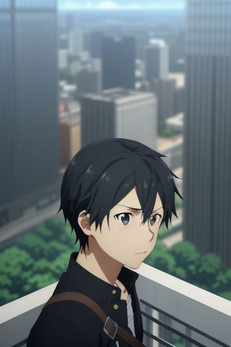 high resolution, solo, best quality, 1Boy, Kazuto Kirigaya, portraits, Black Hair, Black Eyes, high-rise, top of building, landscape, shallow depth of field, OverallDetail