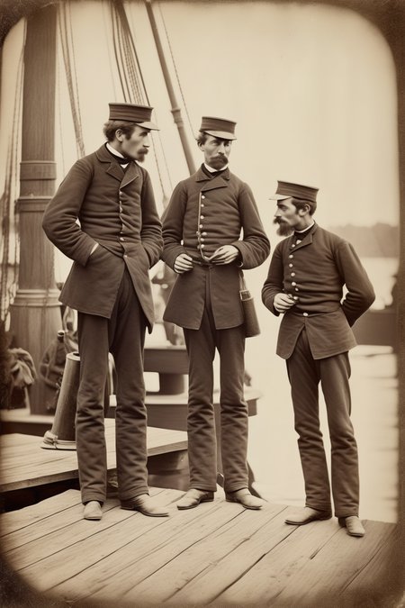 <lora:Albumen Print:1>Albumen Print - a photo of sailors talking on a dock. looing scared. photo from 1876. realistic