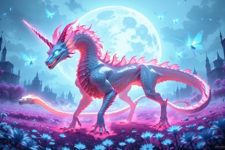 score_9, score_8_up, score_7_up (best quality, masterpiece, beautiful and aesthetic:1.2) glowing glass unicorn sits in a field of glowing blue-red frozen flowers, ominous darkness, moon, a lot of fog, haze, a lot of blue-red fireflies, silver scales shimmering in the moonlight , glowing eyes, white glowing mane <lora:CTDRM:0.7> ctdrm, dreamy, soft lighting, fantasy style, surreal lighting, sinister, mystical, archaic, very colorful, high resolution, many details, The image is a hyper-realistic CGI rendering of a hauntingly realistic