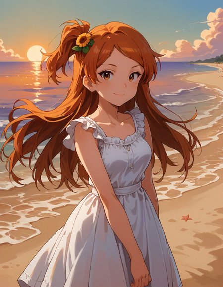 score_9,score_8_up,score_7_up,1girl,solo,standing,looking at viewer,smile,closed mouth,beach,sunset,
<lora:oogamitamaki_ponyXLV6:0.8>,mlot,
orange hair,long hair,one side up,brown eyes,medium breasts,
sundress