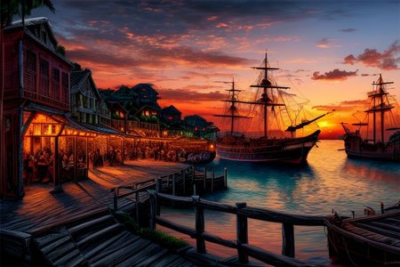 (masterpiece:1.2), (best quality,:1.2), 8k, HDR, ultra detailed, ((photorealistic)), perfect anatomy, professional light, cinematic lighting, fashion photography, ambient lighting, pire, ships, pier outside a tavern over looking a busy harbor in the caribbean, colorful sunset