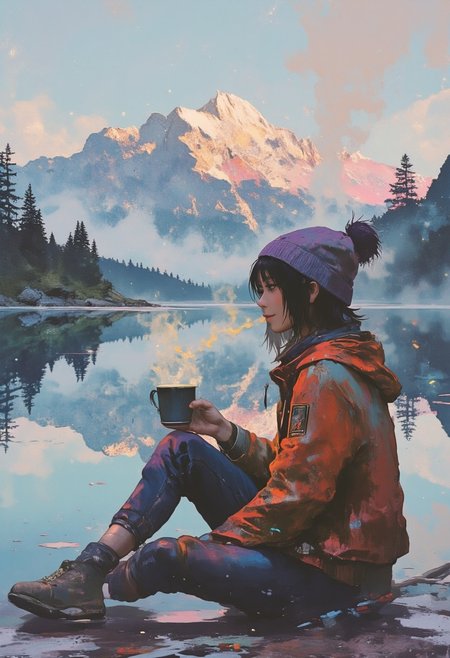 A woman sitting on a pier by a mountain lake, wearing a worn red hoodie with a white scarf and a light purple beanie on her head, wild brown hair pokes out from underneath. She is holding a steaming mug in her hands, smiling softly as she looks at the lake. Her breath creates a little steam. The background shows a serene lake reflecting the sky, trees and epic clouds, creating a peaceful atmosphere.
