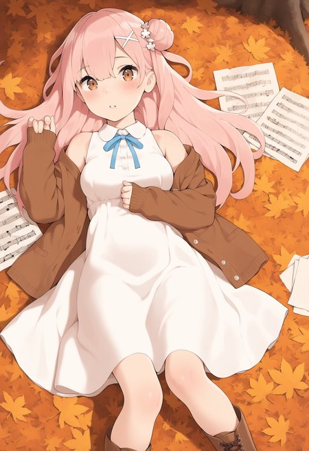masterpiece,best quality,amazing quality,
1girl, solo, white dress, dress, pink hair, brown eyes, long hair, parted lips, boots, sleeveless, hair ornament, looking at viewer, on back, lying, brown footwear, sleeveless dress, bangs, collared dress, ribbon, hair bun, single side bun, single hair bun, autumn leaves, x hair ornament, sheet music, paper, open clothes, neck ribbon, long sleeves, leaf, sleeves past wrists, hair between eyes, off shoulder, bare shoulders, blush, breasts, cardigan, jacket, hand up, cross-laced footwear, maple leaf, blue ribbon,
<lora:Irotenya:1> <lora:cutepussy:1>