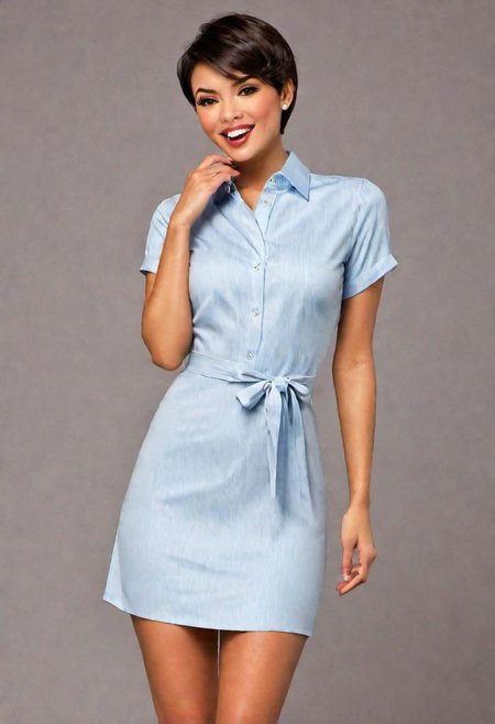 Jasmine, classy shirt, short dress, cute woman, perfect haircut, pleased, delighted face , biting her lips