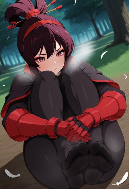 jabaran,  outdoors, undershirt, falling feathers, black bodysuit, hair stick, hugging own legs, , gauntlets,   eyeshadow,   red gloves,  high ponytail,  , black capelet, red hairband, pink eyes, 1girl, solo, feet, visible breath,   dynamic angle, foreshortening, smell, steam,