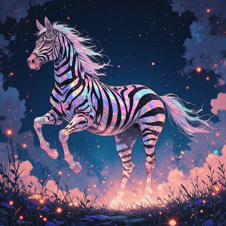 A mystical holographic zebra galloping through an ethereal dreamscape. Its stripes flow and pulse with shifting prismatic colors like liquid crystal. Surrounded by floating light particles and gentle rainbow mist. The zebra's mane flows gracefully in an invisible wind, each hair catching and reflecting light like fiber optics. Dreamlike atmosphere with soft, magical lighting, lyh_niji, vibrant reflective holographic drawing in the style of ckhg,