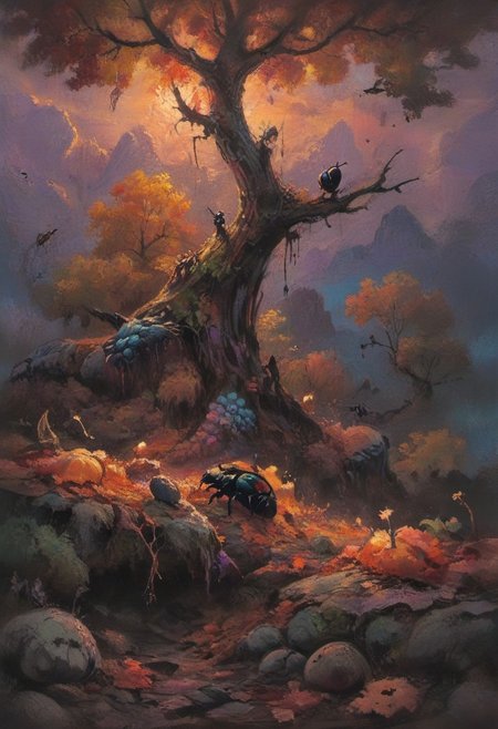 rainbow colors, colorful palette, autumn, close-up of mossy rotten tree and its roots with rotten fruits among them, fungal growth taking over, spores in the air, giant insects, leaves on the ground, evening, moody lighting, floating lights, extremely detailed, perfect composition, vibrant, hbao, extremely detailed, (perfect composition:1.2), superior color grading, (realistic:1.4), (panoramic composition:1.5), (evening photography:1.5), complementary colors, decaying atmosphere, vivid background, anime, magical fantasy, inspired by Maria Kreyn, negative space, cinematic, by Andreas Lie, Luke Gram, gorgeous light, midjourneyv6.1, painted world, style of Vincent van Gogh