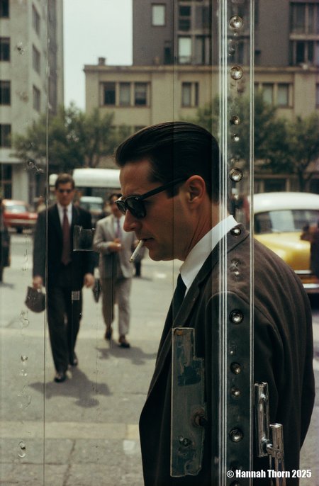 The picture is a street photograph taken through a reflective glass surface. It depicts a man in profile, seemingly smoking a cigarette, with his face partially obscured by shadow and the reflection. His dark hair is slicked back and he appears to be wearing sunglasses and a suit jacket.  The reflection overlaps and interacts with the image of the man, creating a layered, almost ghostly effect.    In the background, blurred and also seen through the glass, are other figures walking, one of which seems to be wearing a lighter-colored suit.  A part of a vehicle can be glimpsed as well, adding to the urban setting. The background buildings have a modernist, possibly mid-20th century architectural style, suggesting the photo might have been taken in that era.  The ground appears to be paved, possibly a sidewalk or plaza area.  The style of the photograph is reminiscent of street photography from the mid-20th century, perhaps influenced by photographers like Garry Winogrand or Lee Friedlander. It utilizes the reflection in the glass to create an abstract and ambiguous image, disrupting the clear depiction of the subject.  The focus is not solely on the man smoking, but also on the interplay of light, shadow, and reflection. The colors are muted and somewhat desaturated, leaning towards a greenish-grey tone, which contributes to the vintage aesthetic. The slight grain or texture visible in the image also suggests it might be a film photograph, further enhancing the retro feel. The composition is somewhat off-center, placing the man slightly to the left, with the reflections occupying the right portion of the frame.  This asymmetry, coupled with the fragmented nature of the reflections, creates a dynamic and intriguing image. <lora:_Flux\Saul_Leiter_Streetphotography.safetensors:1.0:1.0>
