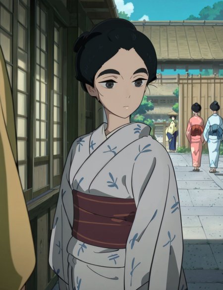 masterpiece,best quality,newest,absurdres,highres,detailed eyes,beautiful,detailed background,perfect eyes,anime coloring,anime screencap,
<lora:Miss_HOKUSAI:1>sarusubeniV1,
black hair,kimono,japanese clothes,
closed mouth,1girl, standing, cowboy shot, 
black eyes,m_oei, solo focus, solo, 
outdoors, day,
