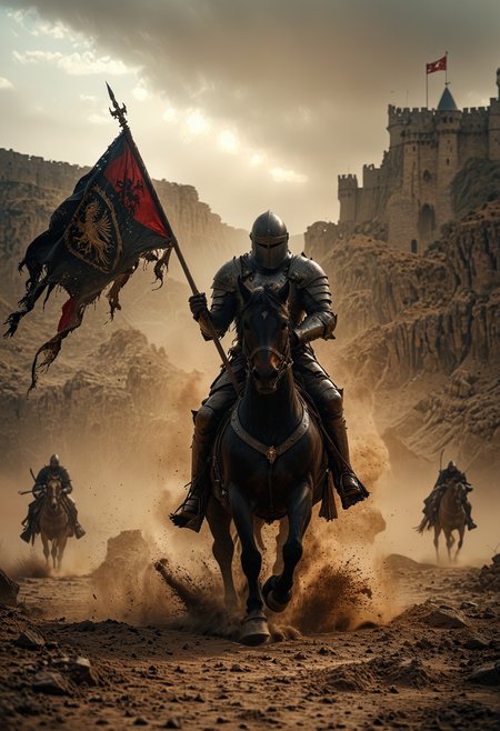 dramatic and intense scene, a valiant knight in full armor charging forward on a powerful black horse across a dusty battlefield, the knight holding a tattered black flag emblazoned with a royal crest, In the background a medieval castle looms against the barren, rocky landscape, high stakes and fierce conflict, Dust billows around the charging horse, emphasizing the speed and urgency of the scene, <lora:MJ52:0.6>, <lora:EpicF4nta5yXL:0.8>, <lora:add-detail-xl:1>, <lora:zavy-cntrst-sdxl:1>