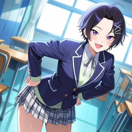 anime screencap, masterpiece, best quality,
<lora:YahariOreNoSeishunLoveComedy_HikigayaKomachi_IlluXL:0.9>,
1girl, solo, open mouth, smile, blush, happy, fang,
short hair, black hair, ahoge, parted bangs, x hair ornament, purple eyes,
Dark blue jacket, collared shirt, silver shirt, buttons, light green sweater, neck ribbon, silver ribbon, long sleeves, Three headed Hydra embroidery,
plaid skirt, pleated skirt, multicolored skirt, blue, and silver skirt,
thighs,
hands on own hips, cowboy shot, standing, looking at viewer,
classroom, locker, window, indoors, blurry background
