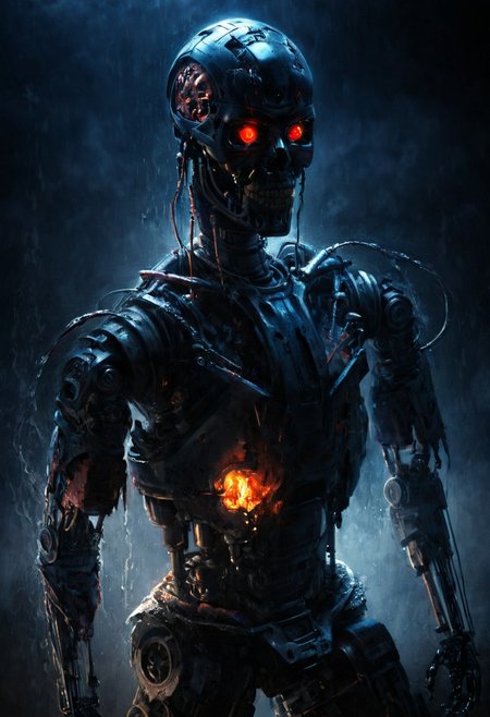 detailed background, detailed digital artwork, masterpiece, solo, red eyes, science fiction, robot, 1boy, black background, glowing, looking at viewer, humanoid robot, cyborg, metal skull, burning flesh made of bacon, Bacon Draped over exoskeleton, burning clothes, glowing eyes, male focus, cyberpunk, hydraulics, dark blue storm, burning background,high quality, dramatic lighting, detailed background, backlit, orange rimlight, rain, wet, straight-on, Terminator style