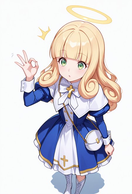 Smooth Quality,masterpiece,very intricate, high quality details, ultra realistic, high detailed skin,detailed enviorement,absurdres,
ok sign ,
 <lora:Poporon_CNR:0.8> poporon_cnr, 1girl, blonde hair, long hair,blunt bangs, green eyes, poporon_cnr_def, blue dress, long sleeves, puffy sleeves,cross,handbag, knee boots, halo,curly hair,, surprised,, simple background, white background, from above,solo,