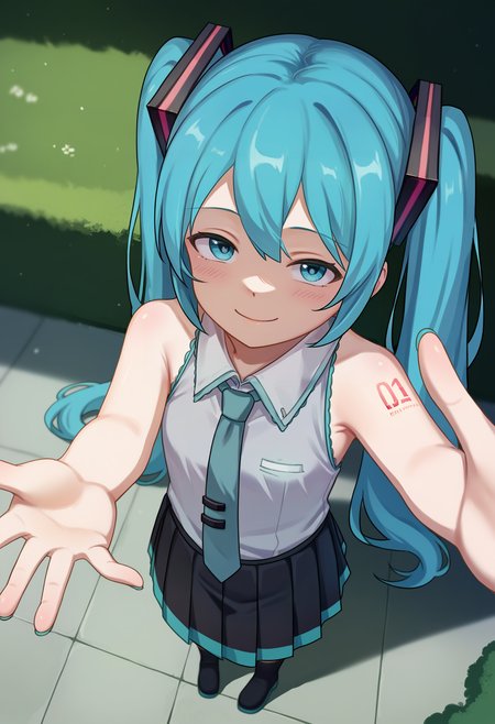 score_9, uncensored, source_anime
BREAK
1girl, standing, hatsune miku, looking at viewer, cowboy shot, white shirt, pleated skirt, long skirt, smug, half-closed eyes, outdoors, blue hair, sleeveless shirt, aerial view, fisheye, from above, outstretched arm
<lora:akifn_pony_v6:1>