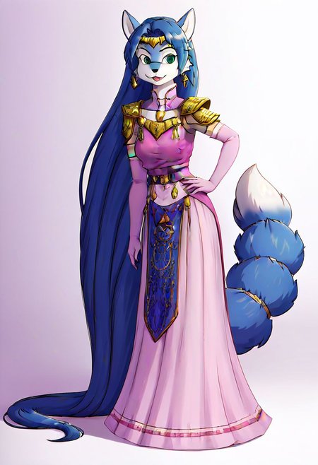 Krystal, ootzelda, princess zelda, long dress, pelvic curtain, elbow gloves, (very long hair, hanging hair, dynamic hair, hair on ground, big hair:1.2), 1girl, furry female, furry, solo, tail, animal ears, happy, blue hair, circlet, simple background, (full body:1.2), standing, gem, shoulder armor, body fur, dress, hand up, aqua eyes, two-tone fur, animal nose, smile, armor, gold, fox tail, hand on own hip, absurdly long hair, white fur, :3, jewelry, red gemstone, pink dress, fox ears, earrings, fox girl, blue eyes, blue gemstone, looking to the side, gloves, elbow gloves, blue fur, long dress, snout, white background, open mouth, light blush, A full body image of a woman with endlessly long blue Rapunzel-style hair, (absurdly long blue Rapunzel-style hair:1.4), (meters of hair without end:1.2)