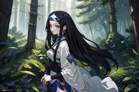 highly insanely detailed, masterpiece, top quality, best quality, highres, 4k, 8k, RAW photo, (very aesthetic, beautiful and aesthetic),  
beth_\(megami_tensei\),bethsmtii,shin megami tensei ii,long hair,black hair,straight hair,sleek black,jewelry,cross,headband,red_lipstick,katana,sword, 
<lora:zs_Beth:0.5>, 
(1girl:1.3), 1other, 
large forest,enchanting forest,dense forest,lush forest,tall trees,canopy,overgrown scenery,shimmering silver background,âââ