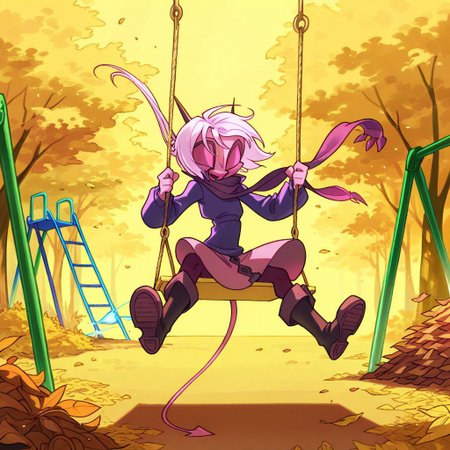 score_9, score_8_up, score_7_up,namah_calah,
1girl,solo,furry,tail, source_furry,horns,
 ,<lora:namah_calah_illustrious:0.8>,
child, kid, 
Jumping Off a Swing into a Leaf Pile,  swing, leaf_pile, playground, oversized_sweater, flared_skirt, heavy_boots, amber_autumn, slanting_sunlight, rustling_trees, shrieking_laughter, trailing_scarf, snapping_chains , girl rockets off a playground swing at its peak, soaring into a towering leaf pile with snapping chains rattling behind. Her oversized sweater balloons, flared skirt flies high, and heavy boots crash through amber autumn leaves. Slanting sunlight gilds the rustling trees, a trailing scarf whips free, and her shrieking laughter pierces the air as she vanishes in the crunch