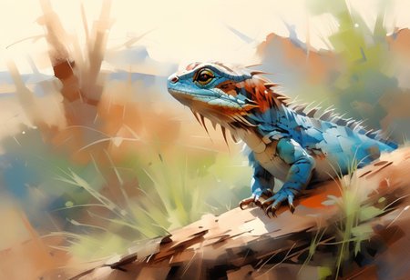 close up, macro photography of a turquoise lizard on a flat red ocre rock, several tones of blue scales, deep red grainy rocks, soft and delicate grass, small dark red peebles, deep rich ocre palette, hight contrast tones, deep tone, navajo sacred land, blazing sunset, watercolor, deep tones, oil and watercolor painting