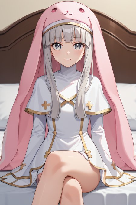 score_9, score_8_up, score_7_up, source_anime, rating_safe, intricate details, anime screencap, official style, 1girl, solo, <lora:Sistermon_Blanc:1>, sistermonblanc, grey eyes, grey hair, pink hat, very long floppy animal ears, white dress with gold trim, long sleeves, white capelet, thighs, looking at viewer, smile, indoor, cowboy shot, crossed legs, sitting on bed, teeth