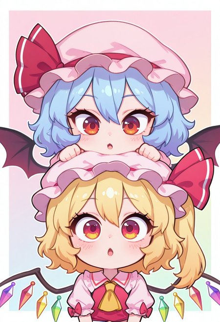 incredibly_absurdres, amazing_background, best quality, pastel_colors, bright_colors, colorful, soft_colors, chibi, white border, open mouth, kawaii_babes_style, SNRA-illu,
2girls, group portrait,  zzRemilia, red eyes, blue hair, short hair, hat, ribbon, wings, ascot, hat ribbon, zzFlandre, red eyes, blonde hair, one side up, hair between eyes, mob cap,