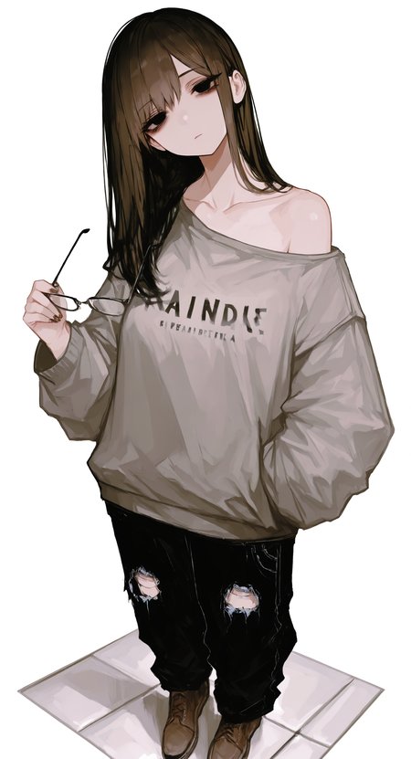 masterpiece, best quality, good quality, very aesthetic, absurdres, newest,1girl, solo, long hair, looking at viewer, simple background, shirt, brown hair, long sleeves, white background, holding, standing, collarbone, full body, shoes, glasses, pants, off shoulder, nail polish, black eyes, english text, fingernails, head tilt, torn clothes, black pants, brown footwear, grey shirt, clothes writing, hand in pocket, tiles, tile floor, unworn eyewear, single bare shoulder, oversized clothes, grey sweater, torn pants, holding removed eyewear, torn jeans, baggy clothes, @_@, spiral-only eyes, blank_stare, <lora:ponyv5_noobV065S_1_adamW-000013:0.7> <lora:USNR_STYLE_XL_lokr:0.45> <lora:745cmSDXLvpred75S:0.7>