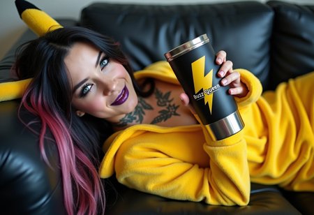 A high-definition photo of a beautiful 20yo goth girl, wearing Pikachu onesie, holding coffee mug. She is laying on a black leather couch, in a seductive relaxed pose, barefoot, smiling. The girl has black hair with pink and purple highlights, framing her beautiful face. Her stunning blue eyes are accentuated by her black eyeshadow. Her lipstick is black and metallic purple. She has visible, vivid, intricate tattoos. The large steel mug bares a yellow lightning bolt logo with 'Buzz Queen' in large letters. 
8k detail, full body