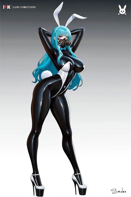 8k, best quality, masterpiece, (ultra-detailed:1.1), 
<lora:jijiav2-a3-Tanger:0.8>,jijia, 2d, anime, 1girl, animal ears, rabbit ears, high heels, bodysuit, latex bodysuit, solo, blue hair, rabbit tail, breasts, mask, tail, long hair, bow, respirator, skin tight, latex, platform heels, bowtie, large breasts, arms up, playboy bunny, arms behind head, full body, gas mask, black bodysuit, platform footwear, looking at viewer, fake animal ears,a picture of a woman in a cat suit,a girl wearing a costume in a cat suit