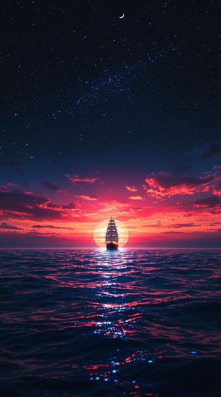 A majestic cinematic shot frames the lone ship gliding across the deep blue ocean, against the breathtaking backdrop of a fiery orange-pink sunset dissolving into inky blackness. The crescent moon casts a soft glow, illuminating the bioluminescent water's shimmer. The vast ocean and celestial sky evoke tranquility, wonder, and awe, while the solitary ship adds mystery and adventure, inviting the viewer to embark on a fantastical journey across the starry sea.