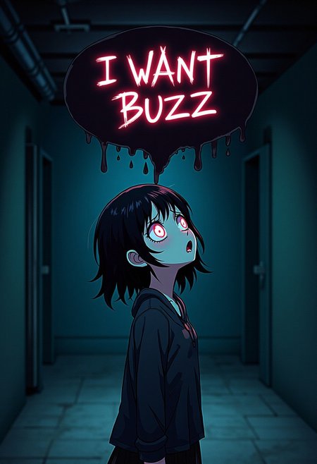 high quality anime art style, occult ritual, horror vibe, demonic possession, scared punk girl in the dark basement looking up, dark paranormal power with eyes growing from her head and forming a dark bubble with text: "I WANT BUZZ."