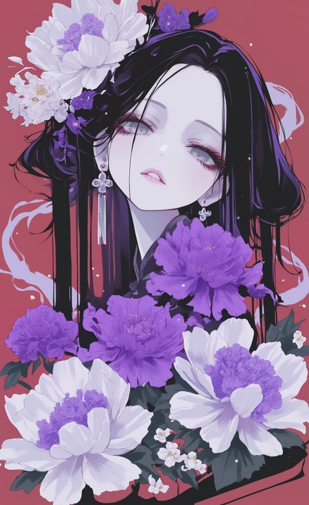 masterpiece, best quality, good quality, newest, highres, absurdres, 1girl, solo, black hair, purple hair, forehead, eyeshadow, pale skin, grey eyes, parted lips, eyelashes, lips, makeup, looking at viewer, head tilt, earrings, red background, purple flower, white flower, peony \(flower\),
portrait, Ethereal Brushstroke,dhjs,
ma1ma1helmes_b_illu,
(oharu-chan:0.85), (shimashiro itsuki:1.2), <lora:illustriousXL_stabilizer_v1.23:0.3> <lora:NOOB_vp1_detailer_by_volnovik_v1:0.3> <lora:ponyv6_noobE11_2_adamW-000017:0.45> <lora:Illustrious:0.15> <lora:ma1ma1helmes_b-000014:0.8> <lora:dhjs_0010-waiNSFWIllustrious_v110_V1-CAME:0.85>