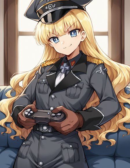 score_9, score_8_up, score_7_up, source_anime, <lora:retia-adolf-ponyxl-lora-nochekaiser:1>, retia adolf, blue eyes, blonde hair, wavy hair, bangs,, gloves, hat, military uniform, peaked cap, zettai ryouiki,, living room, video game, controller, competitive, fun, afternoon, , , smug, solo,, cowboy shot, dutch angle