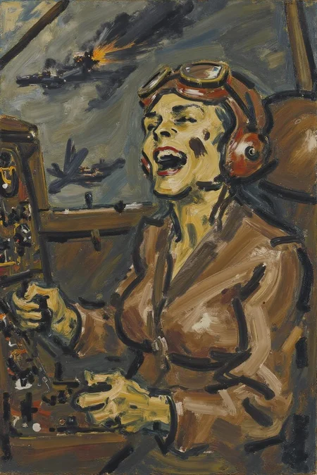 fraauer1 abstract paintingg. A female pilot screaming inside the cockpit of a WWII bomber. The pilot, wearing a vintage leather flight helmet with goggles and a brown bomber jacket, grips the controls with white-knuckled hands. Her face is contorted in a mix of fear and determination as she yells, her eyes wide with adrenaline. The cockpit is cramped and filled with old-fashioned dials and gauges, with the outside view showing dark stormy clouds and distant anti-aircraft fire. The scene is lit by the eerie glow of the instrument panel, casting harsh shadows across her face, emphasizing the intensity and danger of the moment. High contrast, dynamic composition, gritty and realistic, with a cinematic feel. <lora:fraauer1_cap_d6a3:1.0><lora:811731454674453649:0>