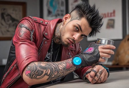 from front, from side from above, anime comic style render, stressed((Cyborg man): Metallic left arm and eye, synthetic skin, spiky black hair, crim streaks, tribal tattoos, leather jacket, chains and studs, helpful,:1.21) in posing dynamic position, smooth skin, (prominent coffee mug:1.12), 
Cheeky wink, Partially open shirt, Exposing cleavage, 
(pui:0.01) steaming mug of coffee, oversized and centered, hand grasping handle, detailed fingers wrapped, 
lip biting expression, comic art style, steam rising, big sculpted 3d sculpture mug, creamy milk,  wacky colors (epic:1.14, )(RAW:0.66),subsurface tering,high definition,masterpiece, absurdres, <lora:LCMTurboMix_Euler_A_fix.safetensors:0.96:0.3> <lora:sdxl\pony-realism-22-nsfw-photo.safetensors:0.85:0.18>  p15,s20