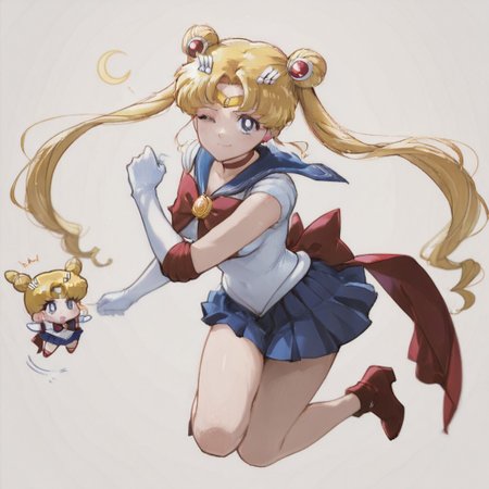 masterpiece, best quality, very aesthetic, newest, absurdres, highres,arikuigames1105, chibi,white background,simple background,
tsukino usagi,1girl,solo,solo focus,blonde hair,blue eyes,double bun,hair bun,long hair,twintails,parted bangs,hair ornament,circlet,back bow,blue sailor collar,blue skirt,bow,brooch,choker,elbow gloves,gloves,jewelry,leotard,magical girl,pleated skirt,red bow,red choker,ribbon,sailor collar,sailor senshi uniform,skirt,white gloves,1 girl,full body,dynamic pose,magical girl,crescent moon,floating,wink