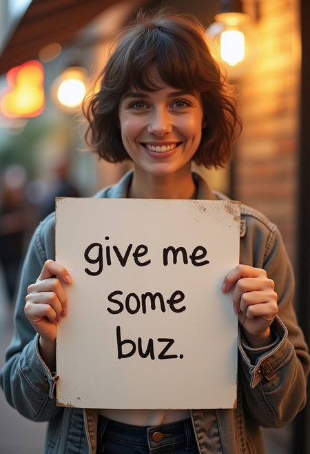 very cute short hair  woman holding a sign "give me some buzz ",